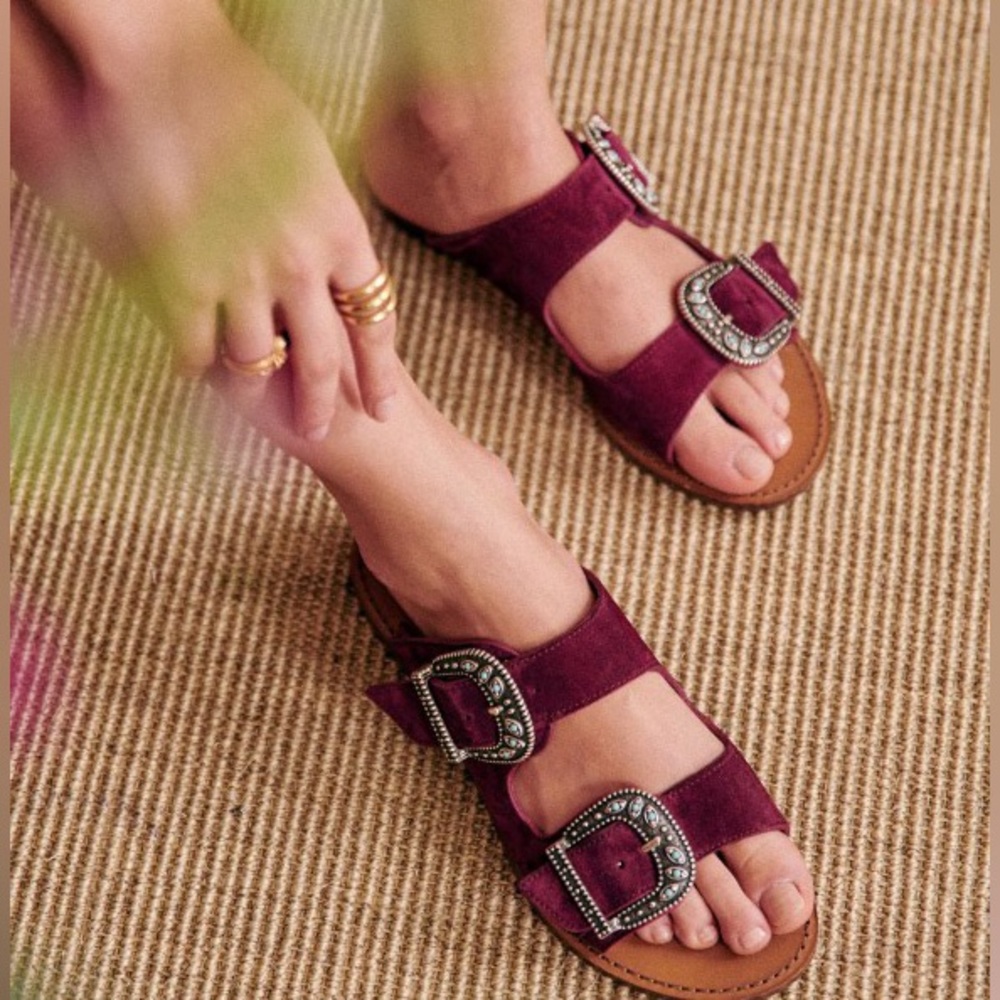 Sezane Burgundy Sandals with Embellished Buckles